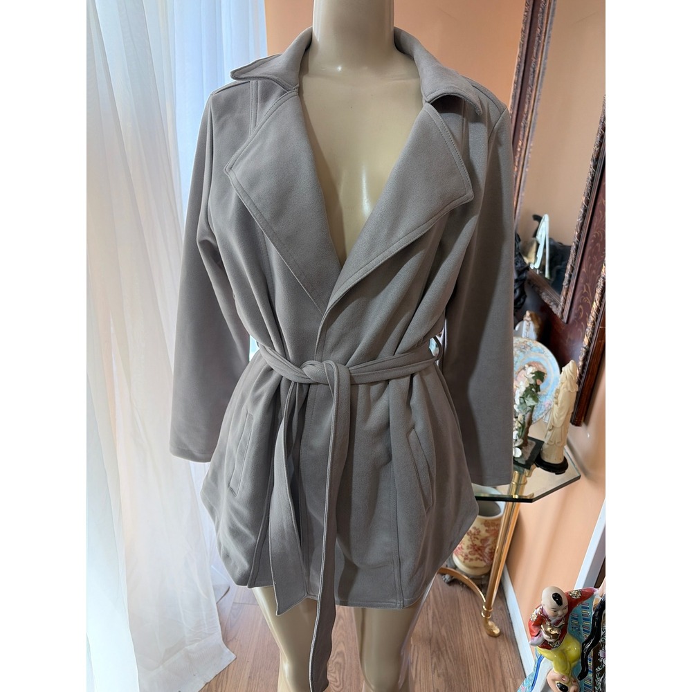 Sportelle Womens Faux Suede Wrap Jacket Taupe Gray Belted Size M Short Trench